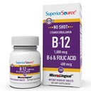 Fonte Superior Sem Tiro Vitamina B-12 Cyanocobalamina 1000 mcg, B-6, Ácido Fólico 400 mcg - Apoio Cérebro & Saúde do Coração - Ajuda Níveis de Energia Natural - 100 Comprimidos Dissolventes Sublingual