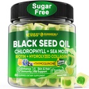 Pastilhas de óleo de semente preta, Chlorophyll & Sea Moss Suplemento 500mg, Biotina 500mcg com Colágeno Hidrolisado para a pele, Cabelo e unhas, Vit E, C, Zinco para a saúde geral, frio orgânico prensado, alta absorção