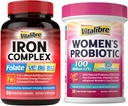 Suplemento de ferro para mulheres e homens 90Caps & Vitalibre Probióticos para mulheres 100 bilhões UFC 15 Strains