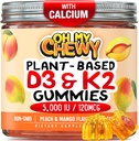 Centro-cheio de vitamina D3 K2 chicletes - Crianças, adolescentes e adultos - Suplemento para dentes saudáveis, osso, energia e imunidade - 5000 UI D3, 120 mcg K2 (MK-7), 120 mg de cálcio - Vegan & Non-GMO - 60 contagem