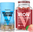 Suplemento de ferro com pastilhas de magnésio, Pastilhas de ferro Vegan com vitamina C, A, B-Complexo, Folato, Zinco para adultos e crianças, para deficiência de ferro, Anemia, Dormir Relaxamento, Não-GMO