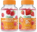 Cálcio vitalício, Magnésio, Zinco e Vitamina D + Vitamina D 5000 UI, Gummies Bundle - Grande Degustação, Suplemento Vitamina, Glúten Livre, GMO Livre, Mastigável