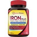 Doctor's Recipes Suplemento de Ferro para Mulheres Homens - Gentil Bisglicinato de Ferro com Vitamina C, B6, Folato & B12 - Não Constipação & Estômago Friendly Pills Ferro para Sangue e Apoio Energético, 30 Caps Vegan