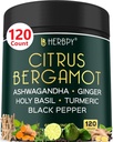 6in1 Citrus Bergamot Suplemento com Ashwaganda, Santo Basil, Açafrão & Ginger Raiz - Envelhecimento saudável, Imune & Relaxação - 120 Cápsulas Vegan