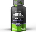 Óleo de semente preta ORZAX Frio Pressionado 100% Puro - Não-GMO - Rico em Omega 3 6 9 & Thymoquinone - Óleo Black Cumin Nigella Sativa para suporte imunológico, Cabelo, Pele, Face (500 mg - 90 Cápsulas Softgel)
