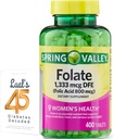 Folate 1.333 mcg. Spring Valley Folate Suplemento dietético, 1.333 mcg DFE, 400 contagem, suplemento de folato para gravidez de mulheres, ácido fólico 800 pacote com 45 Diabetes de Luall decodificado