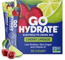 GoHydrate Eletrólitos de sódio baixos em pó Pacotes de açúcar grátis - Mistura de bebida diária de hidratação instantânea - Zero açúcar sabor de água Packet singles com vitamina D - (Limeada de cereja, 30 embalagens)