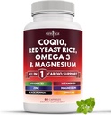 NOVO AGE COQ10 200mg Red Yeast Rice, Omega 3, Complexo de Magnésio, Zinco Vitamina K2 D3 - Saúde do Coração Suporte Vitaminas para Mulheres e Homens com Vitamina B3, Coenzima Q10-60 Contagem