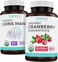 Economize $4 (12% de desconto) - Mente & Body Bundle - Concentrado de cranberry orgânico (50:1 Concentrado - Igual a 25,000mg de cranberries frescos) e Mane Leões orgânicos (10:1 Extrato - Igual a 10.000mg de cogumelos)