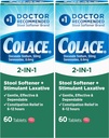 Colace 2-em-1 Maciador de fezes mais estimulante Laxante para alívio de constipação eficaz suave, docusato de sódio mais senosídeos, 60 contagem (Pacote de 2)