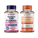 Probióticos de Bem-Estar Saudável para Mulheres 100 bilhões de UFCs com Prebióticos, Enzimas Digestivas + Cápsulas de Vitamina C lipossomal Alta Absorção, Pacote de Suplemento de Ácido Ascórbico