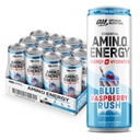Optimum Nutrition Amino Energy Sparkling Hydration Drink, Eletrólitos, Cafeína, Aminoácidos, BCAAs, Livre de Açúcar, New Blue Raspberry Rush, 12 Fl Oz, 12 Pack (Packaging May Vary)