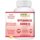 SHIFAA NUTRITION Halal Vitamina D, Halal Vitamina D3, 5000 UI Softgels, 120 Servings. Não-GMO, Sem glúten, Suportes: Estrutura, Ossos, Dentes, Coração, Músculo e Imune Funções