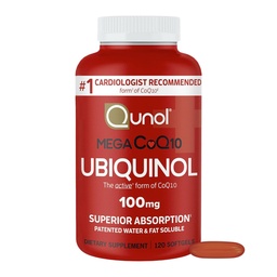 Qunol Mega Ubiquinol CoQ10 100mg, Absorção Superior, Água Patenteada e Gordura Forma de Suplemento Natural Solúvel de Coenzima Q10, Antioxidante para a Saúde do Coração, 120 Contagem (Pacote de 1) Softgels