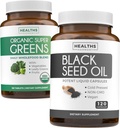 Super Verdes & Black Seed (2-fornecimento de meses) Greens Oil Synergy Bundle of Organic Super Greens Powder - Superfood Completo (120 Cápsulas) & Black Seed Oil - Frio-Pressed Nigeilla Sativa (120 Caps)