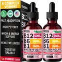 (2 Pack) Vitamina B12 e B6 Gotas Líquidas, B12 Complexo Sublingual de Vitamina B - B 12 Vitamina 5000mcg - B12 Metilcobalamina para Energia, Cérebro e Apoio ao Coração com 27.200 mcg, Morango, 80 Servings