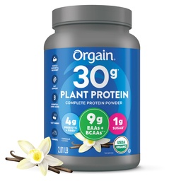 Orgain Organic 30g Vegan Protein Powder Planta, Vanilla, 9g EAAs + BCAAs, Alta proteína vegetal, 4g Prebiótico + Fibra, 1g Açúcar, Pré-Trabalho, Apoio muscular + Recuperação - 2.01lb (Packaging May Vary)