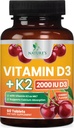 Vitamina D 2000 UI 50mcg Por Comprimido - Vitaminas D3 & K2 (MK7) Suplemento Complexo para Osso, Dentes, Músculo, Absorção de Cálcio, Suporta Imune & Saúde do Coração, Fórmula mastigável EUA engarrafado - 60 Comprimidos
