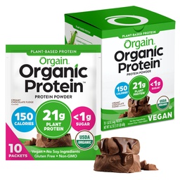 Orgain Organic Vegan Protein Powder, Creamy Chocolate Fudge - 21g Proteína vegetal, 6g Fibra Prebiótica, Baixo Carbo, Sem Ingredientes Lactose, Sem Açúcar Adicionado, Não-GMO, Para Shakes & Smoothies, 10 Pacotes de viagem