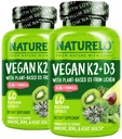 NATURELO Vitamina D3 K2 - Vegan K2+D3 com base vegetal D3 de Lichen - Suplemento natural D3 para o sistema imunológico, suporte ósseo, saúde do coração - Toda a comida - Não-GMO - Glúten grátis, 60 cápsulas (Pacote de 2)
