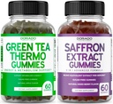Queimador de gordura de chá verde (60 contagem) peso perda de gordura queimador apetite suppressor para adultos e suplementos de açafrão (60 chicletes) Premium açúcar Gummy livre - 5 em 1 Fórmula avançada - Vegan seguro & EUA Made