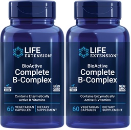 Extensão de vida Bioativo Complexo B completo, Coração, Cérebro e Nervo Suporte, Energia Saudável, Metabolismo, Complexo B completo, 60 Cápsulas Vegetarianas (Pacote de 2)