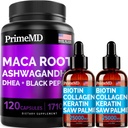 4-em-1 líquido biotina colagénio queratina serra Palmatto gotas (2 fl oz - 2 Pack) e 6 em-1 Maca raiz Ashwagandha w Black Pepper Fruit (120ct) pacote - cabelo, pele, unhas, energia e Mood suporte Suplemento