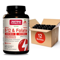 Fórmulas Jarrow Ultra Força Metil B-12 5000 mcg & Folato de metilo 800 mcg + P-5-P, Suplemento para Metabolismo de Energia Celular e Suporte Cardiovascular, 60 comprimidos mastigáveis, suprimentos de 60 dias, 12 embalagens