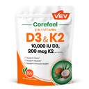 VEV Corefeel Vitamina D3 K2, 10.000 UI D3, 200mcg K2 (com MK7), Suporta Saúde Óssea e Dentes, Suporte Nutriente Dual para Bem-Estar Diário, Fácil de Engolir – 300 Cápsulas