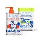 Pacote de animais de estimação nativos Líderes Bundle - Multivitamin cão diário (7 oz.) & Ómega Óleo para cães (8 oz.) - Ómega 3 Óleo de peixe para pele saudável, revestimento brilhante, e articulações fortes & Multivitamin diário para filhotes