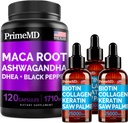 4-em-1 líquido biotina colagénio queratina serra Palmatto gotas (2 fl oz - 3 Pack) e 6-em-1 Maca raiz Ashwagandha w Black Pepper Fruit (120ct) pacote - cabelo, pele, unhas, energia e Mood suporte Suplemento