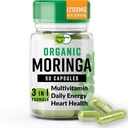 Moringa orgânica, Nutriente-Densa Antioxidante Suporte com Vitamina C, A, E, Cálcio, Potássio, Ferro, Magnésio, Proteínas e Aminoácidos para Hidratação e Energia, Vegan, 1200 MG por serviço, 90 CT