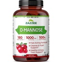 Zazzee D-Mannose, 1000 mg por serviço, 180 Cápsulas Vegan, Fornecimento de 3 meses, Potente & Fast-Acting, Kosher certificado, 100% puro, All-Natural Urinary Tract Health Support, 100% vegetariano, Não-GMO
