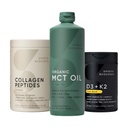 Esportes Pesquisa Colágeno Peptídeos Hidrolisados Tipo 1 & 3 Colágeno Pó Proteína Suplemento, Keto MCT Óleo de coco orgânico - Triplo Ingrediente C8, C10, C12 MCTs e Vitamina D3 K2 com óleo de coco