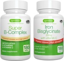 Super B-Complex & alta absorção ferro Bisglicinato 20mg com vitamina C, Vegan Bundle, Metilado Mantido Liberação B Complexo & Gentil ferro de um dia com a liberação alvo, por Igennus