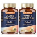 13-em-1 Vitamina B Complex Plus com Vitamina B1, B2, B3 (Niacina), B4, B5, B6, B7 (Biotina), B8 (Inositol), B9 (Folato), B12, C, D3, K2 para Energia, Nervo, Imune, Pele - 120 Tampas por Garrafa - 2 Garrafas