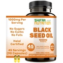 SHIFAA NUTRITION Halal Black Seed Oil chilrear 1000mg 45 Servings (Shigella Sativa, Kalonji) Suporta cabelo, pele, articulações, imune, coração, digestão