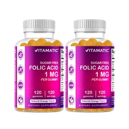 Vitamatic chicletes de ácido fólico 1000 mcg (1 mg) – Vitamina essencial pré-natal B9 para mamãe e bebê – 120 chicletes Vegan por garrafa – 2 Pack