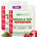 GOBIOTIX Super Verdes e Vermelhos Pó - Vermelho e Verde Superalimento - Suplemento Probiótico - Enzimas Digestivas e Raiz de beterraba em pó - Alimentos orgânicos inteiros Suplemento dietético (Pom Framboesa, 2 Pack)