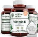 Natural Nutra Vitamina E 400 UI Suplemento, Enriquecimento Nutrientes Saúde, Promove a saúde da pele, Melhorar o crescimento do cabelo e unhas, Suporta o nível de gordura corporal, Ajuda a saúde do coração e protege a textura da pele, 60 géis macios
