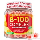 Super Vitamina B Complex Gummies - Todas as vitaminas B incluindo metil B12, B1, B2, B3, B5, B6, Biotina, Metilfolato com vitamina C, Colina, Inositol, PABA para energia, Cérebro e Imune Suporte, Açúcar Livre