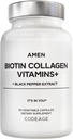 Amem Biotin Collagen Vitaminas+ 10.000 mcg Biotin Suplemento - Colágeno Hidrolisado, Vitaminas C & E, Folato, Ácido Hialurônico, Queratina, HSH, Serra Palmetto - 3-Month Supply - Não-GMO - 90 Cápsulas