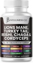 Lions Mane Supplement Cognitive Support, Imune Health with Turkey Tail 20in1 Mushroom Reishi Cordyceps Chaga with Marshmallow Root 60 Count