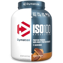 Dymatize ISO100 Whey Protein Powder Isolate, Manteiga de amendoim de chocolate, 25g de proteína, 5 libras, 5,5g BCAAs, Menos de 120 cal., Gluten Free, 1g de gordura, 1g de açúcar, 2g de carboidratos (71 Servings)
