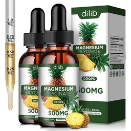 (2 Pack) Suplemento de glicinato de magnésio, Glicenato de magnésio líquido gotas de líquido 500mg-suporte alívio de estresse, Relaxamento, humor, sono, osso e músculo-4 Fl Oz, Vegan, flavor de abacaxi