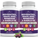 Resveratrol, Berberina, Extrato de Sementes de Uva, Quercetina, Suplemento de Polifenol para Mulheres e Homens com Extrato de Noni, N-Acetil Cysteine, Extrato de Acai - 2-Pack