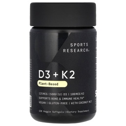 Esportes Pesquisa Vitamina D3 com K2 Softgels - Planta baseado K2 & Vegan D3 5000iu com óleo de coco MCT - Vegan Certificado, Soy & Gluten Grátis - 120 Contagem