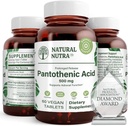 Natural Nutra Time Release Ácido Pantotênico 500 mg, Suplemento Vitamina B5 ajuda a quebrar gordura e carboidratos, metabolismo e energia, melhorar a saúde muscular, 60 comprimidos vegetarianos (3 pacote)