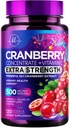 Suplemento de cranberry 25,000mg Fórmula + Vitamina C – Urinary Tract Health Support for Women & Men, 50:1 Pílulas inteiras de extrato de cranberry frutas para mulheres, Sem açúcar, Não-GMO, Sem glúten - 120 Cápsulas