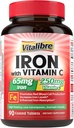 Suplemento de ferro 65mg com vitamina C, ferro carbonilo amigável estômago, alta absorção, uma vez por dia, suporta a produção de células de sangue vermelho, sem glúten, não-GMO, 90 comprimidos